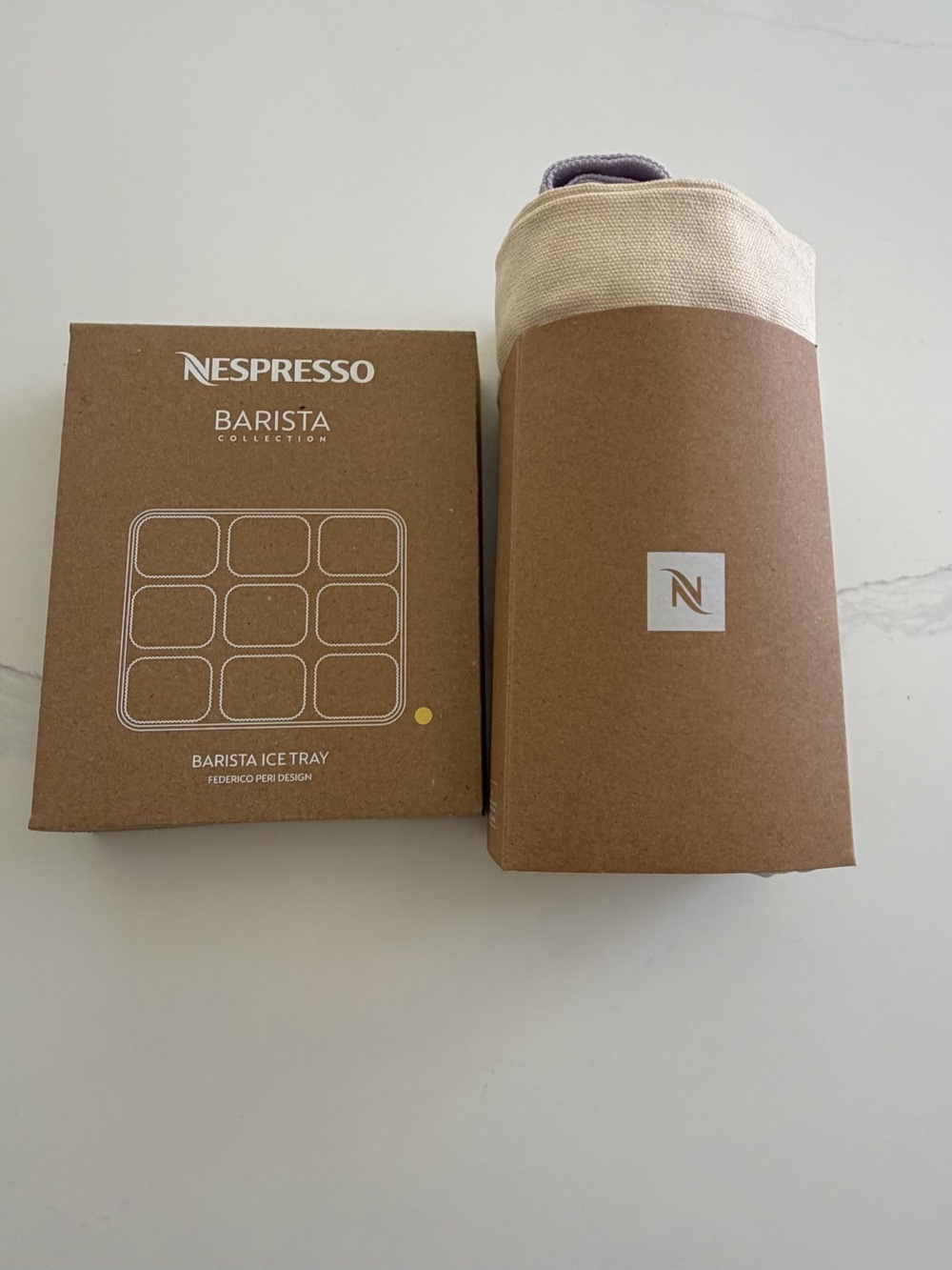 Nespresso Barista Silicone Ice Tray in Bright Yellow and tote bag lavender